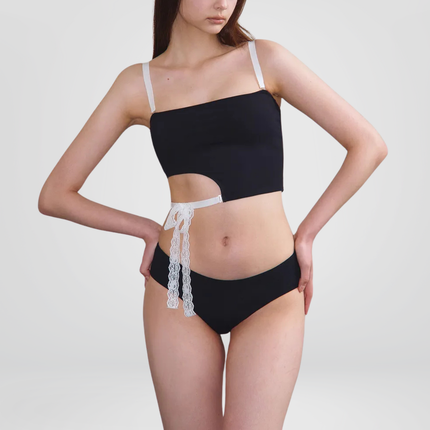 Black Asymmetric Cutout Tankini with Lace Tie