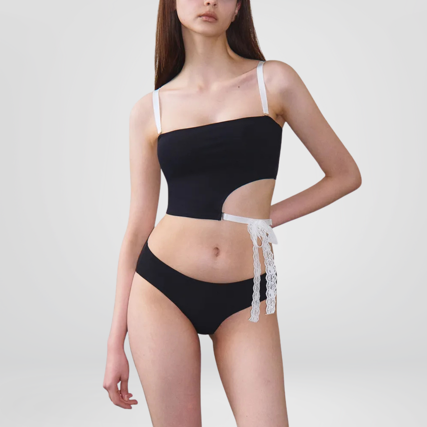 Black Asymmetric Cutout Tankini with Lace Tie