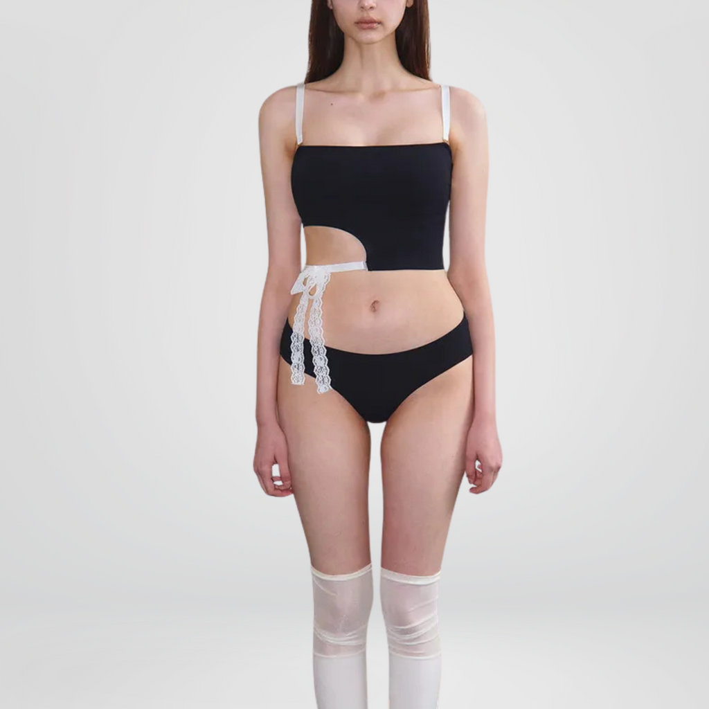 Black Asymmetric Cutout Tankini with Lace Tie