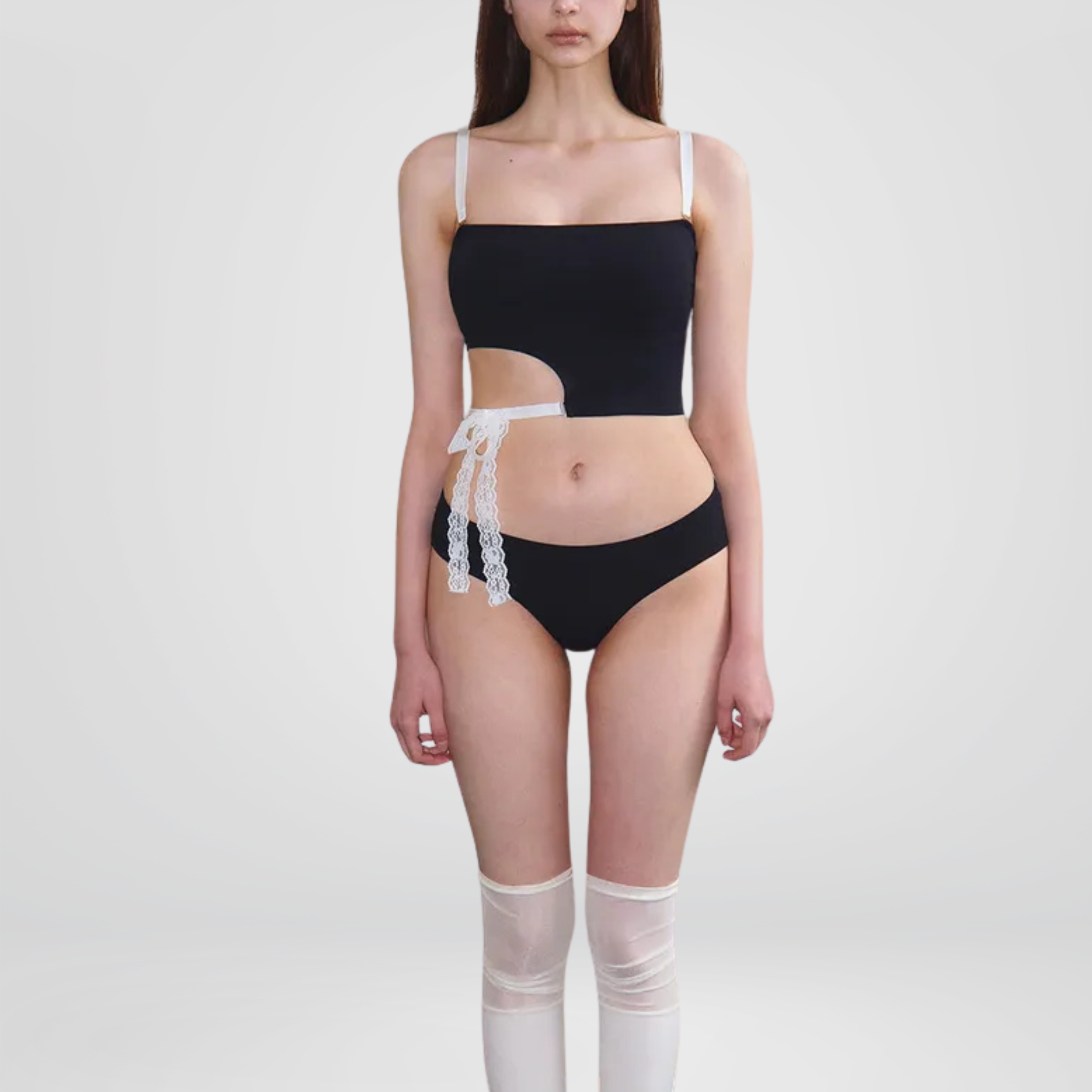Black Asymmetric Cutout Tankini with Lace Tie