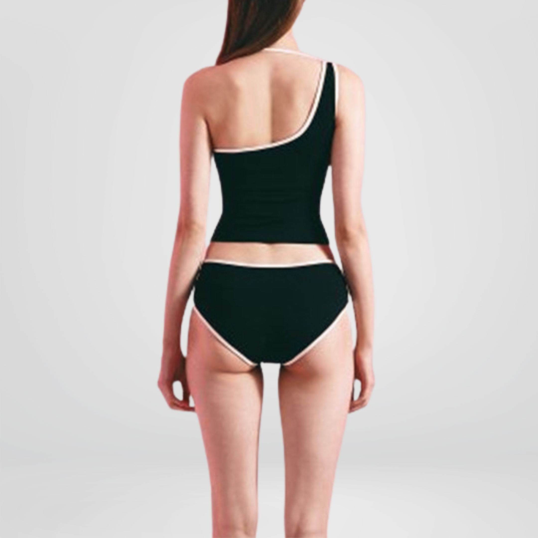 Black Contrast Trim Asymmetric Tankini Set