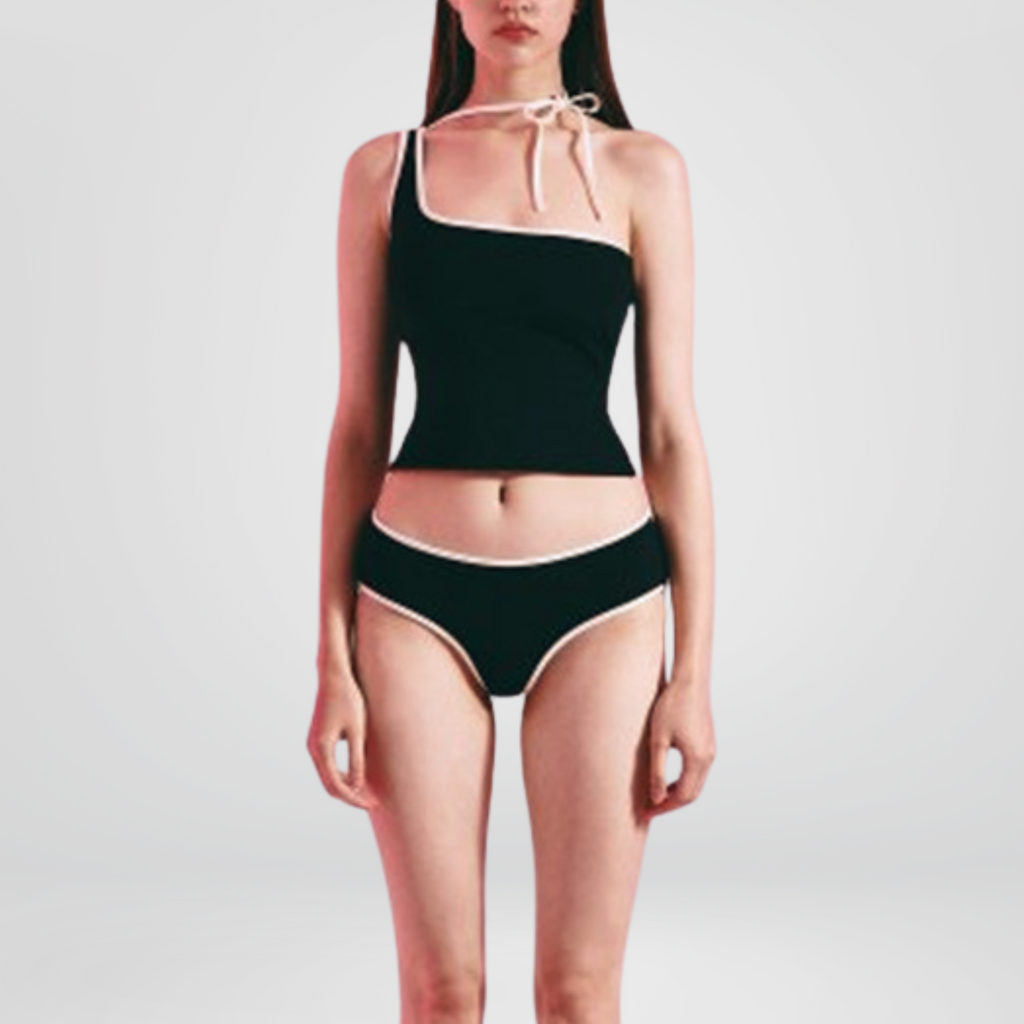 Black Contrast Trim Asymmetric Tankini Set