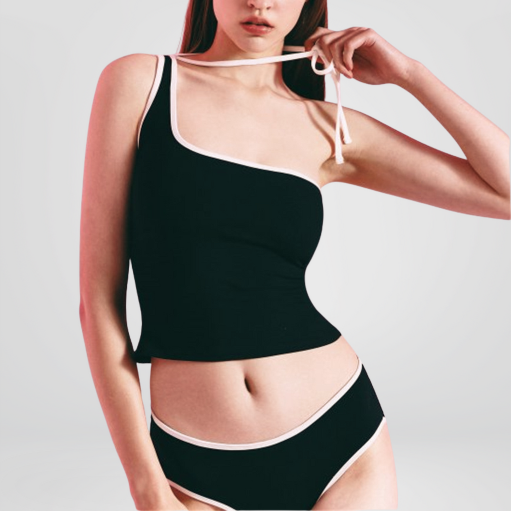 Black Contrast Trim Asymmetric Tankini Set