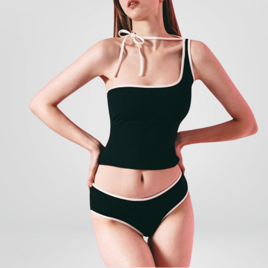Black Contrast Trim Asymmetric Tankini Set