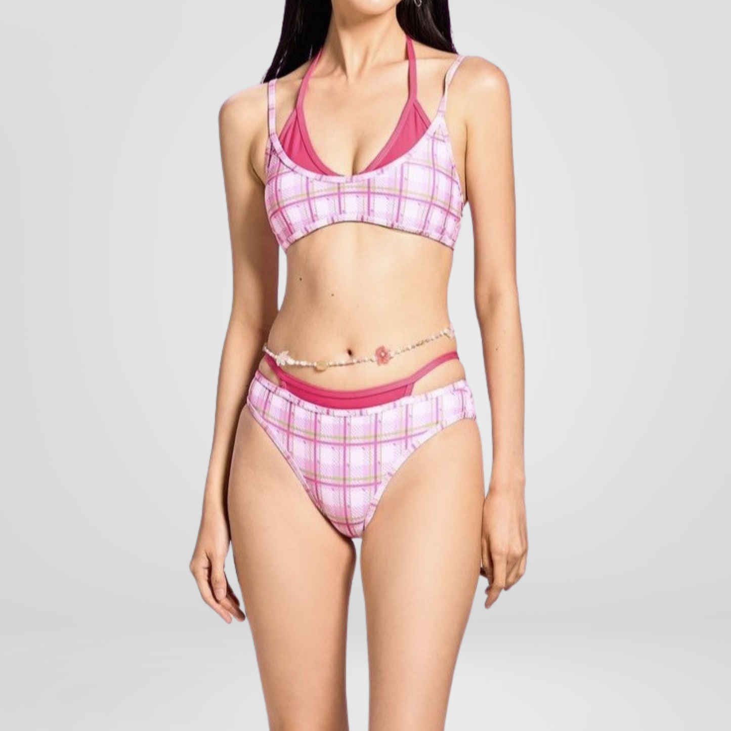 Pink 3-Piece Plaid Bikini Set with Tie Skirt