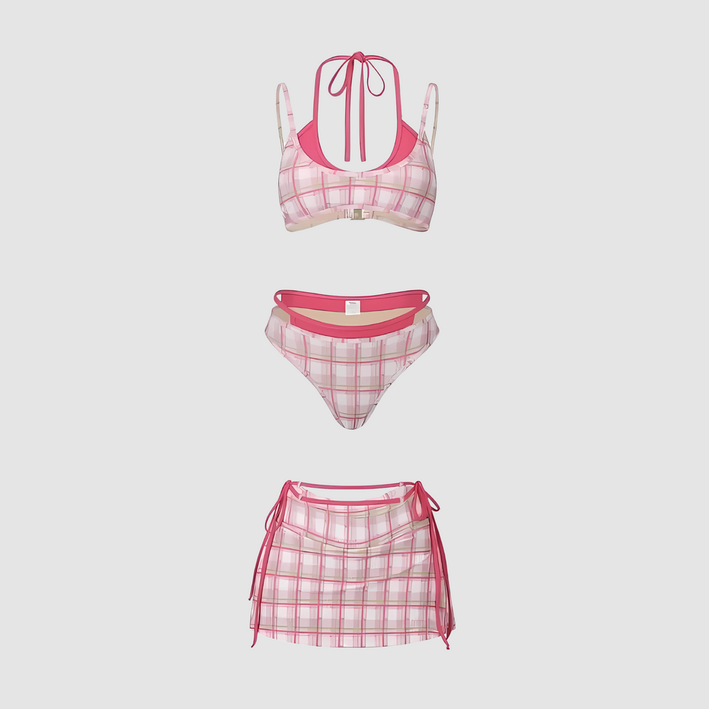 Pink 3-Piece Plaid Bikini Set with Tie Skirt