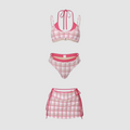 Pink 3-Piece Plaid Bikini Set with Tie Skirt