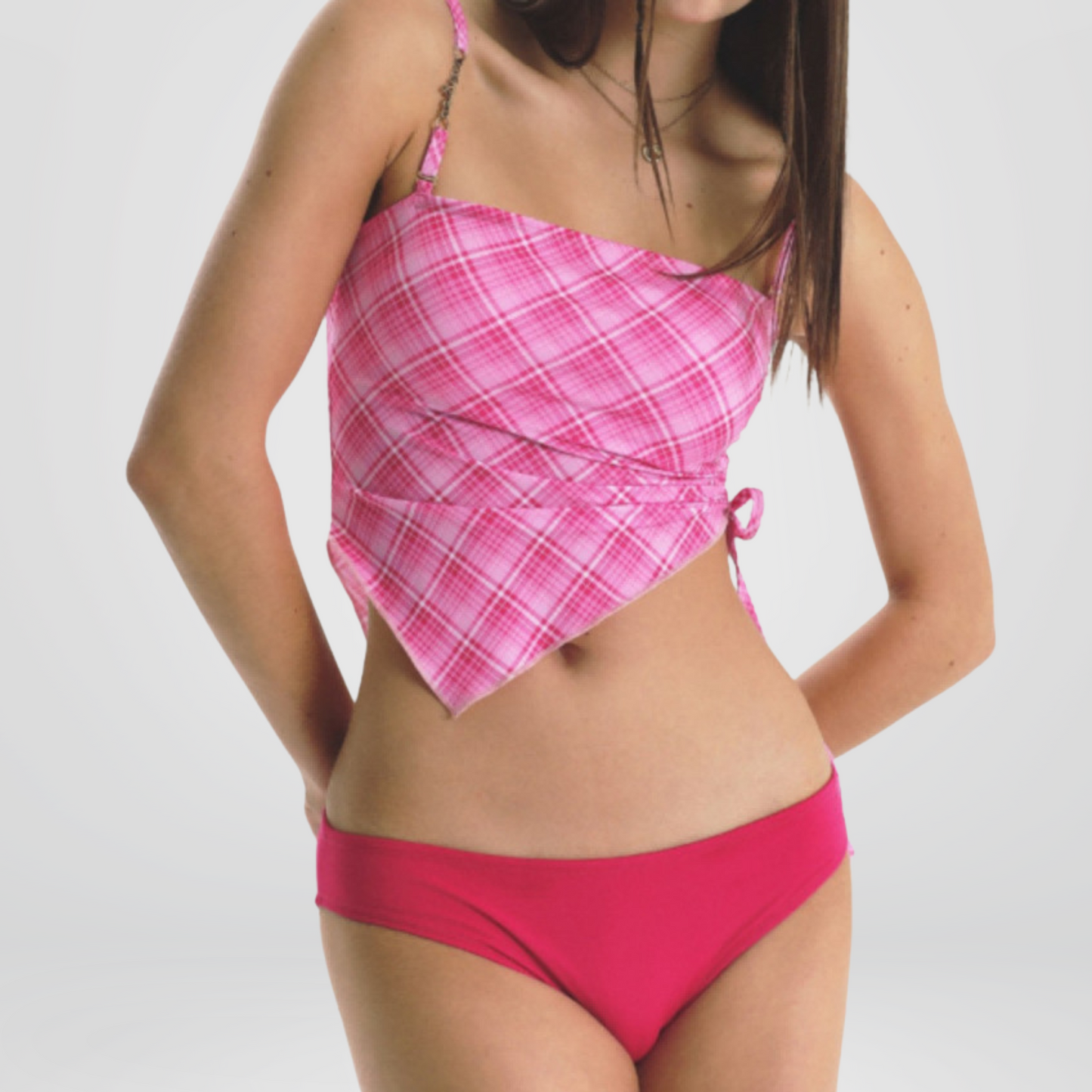 Pink Plaid Bandana Tankini Set with High-Cut Bottoms