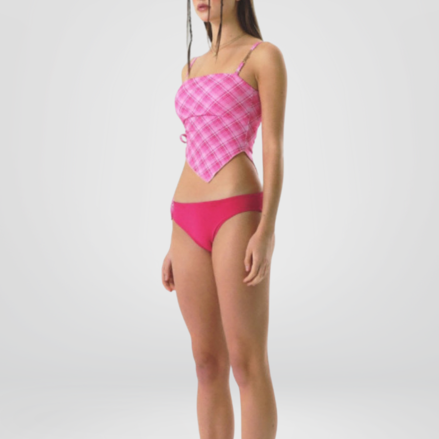 Pink Plaid Bandana Tankini Set with High-Cut Bottoms