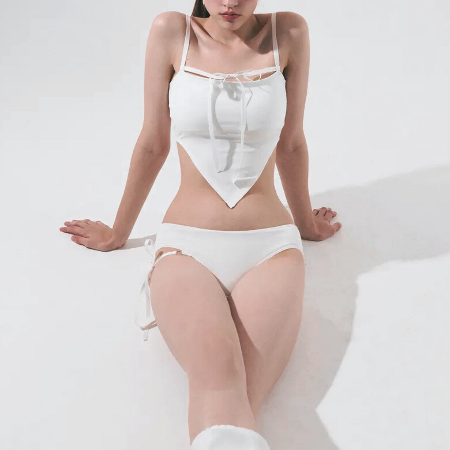 White Asymmetrical Tankini Set with Tie Detail