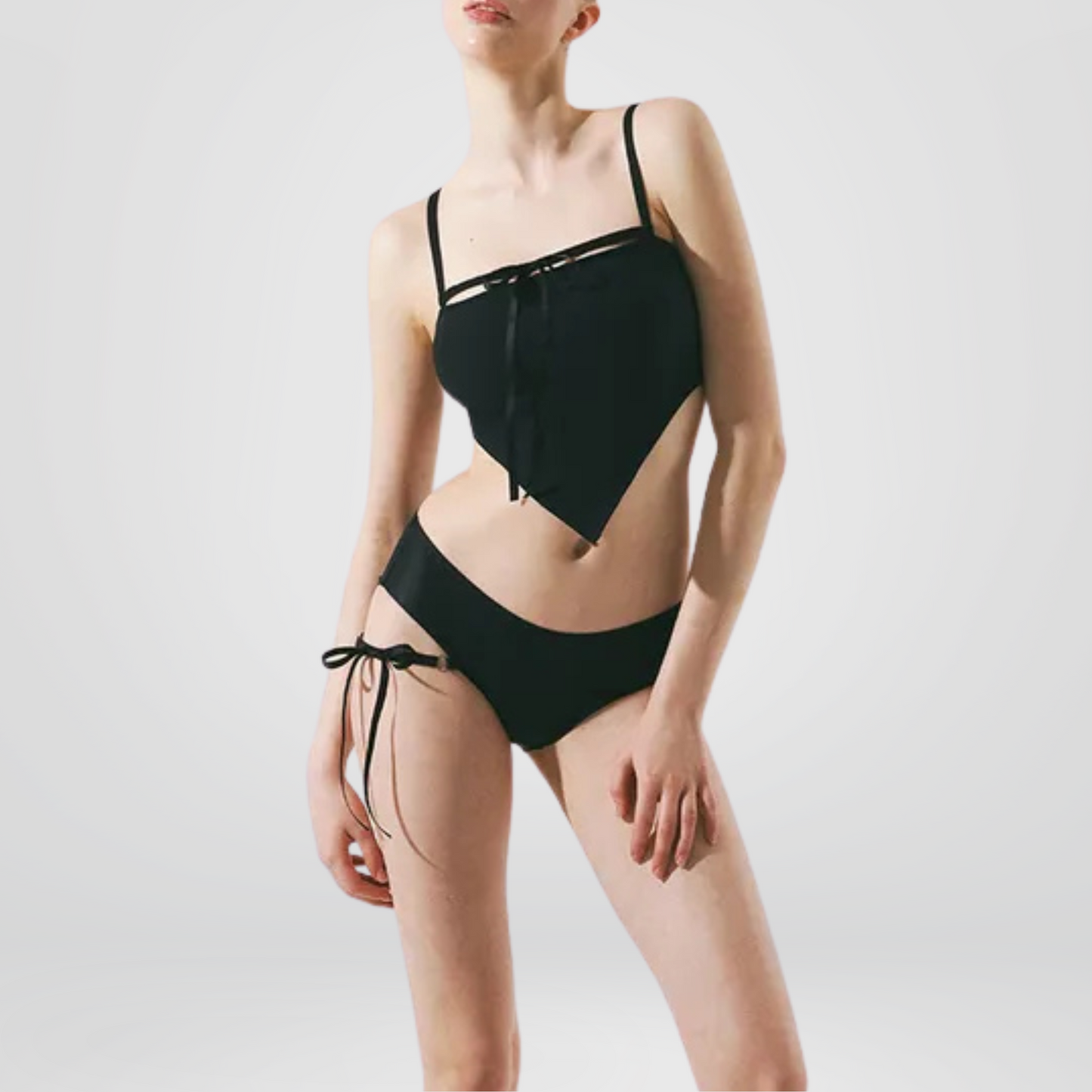 Black Asymmetrical Tankini Set with Tie Detail