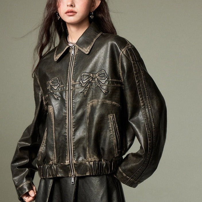 Black Bow Oversized Vegan Leather Jacket