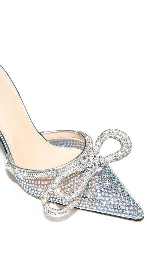 Crystal-embellished Heeled Sandals In Silver With Double Bows