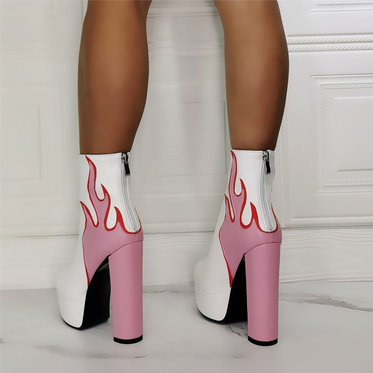 Pink Flames White Platform Retro Style Ankle Boots