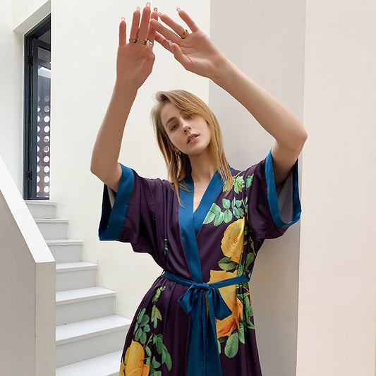 Purple Women's Light Luxury Silky Satin Kimono Robe