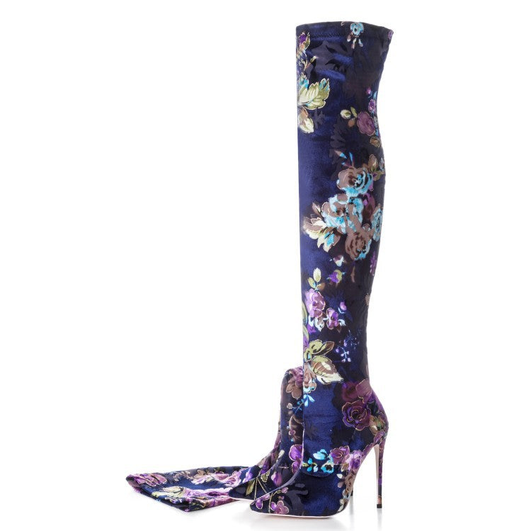 Floral Blue Thigh High Stiletto Heel Boots
