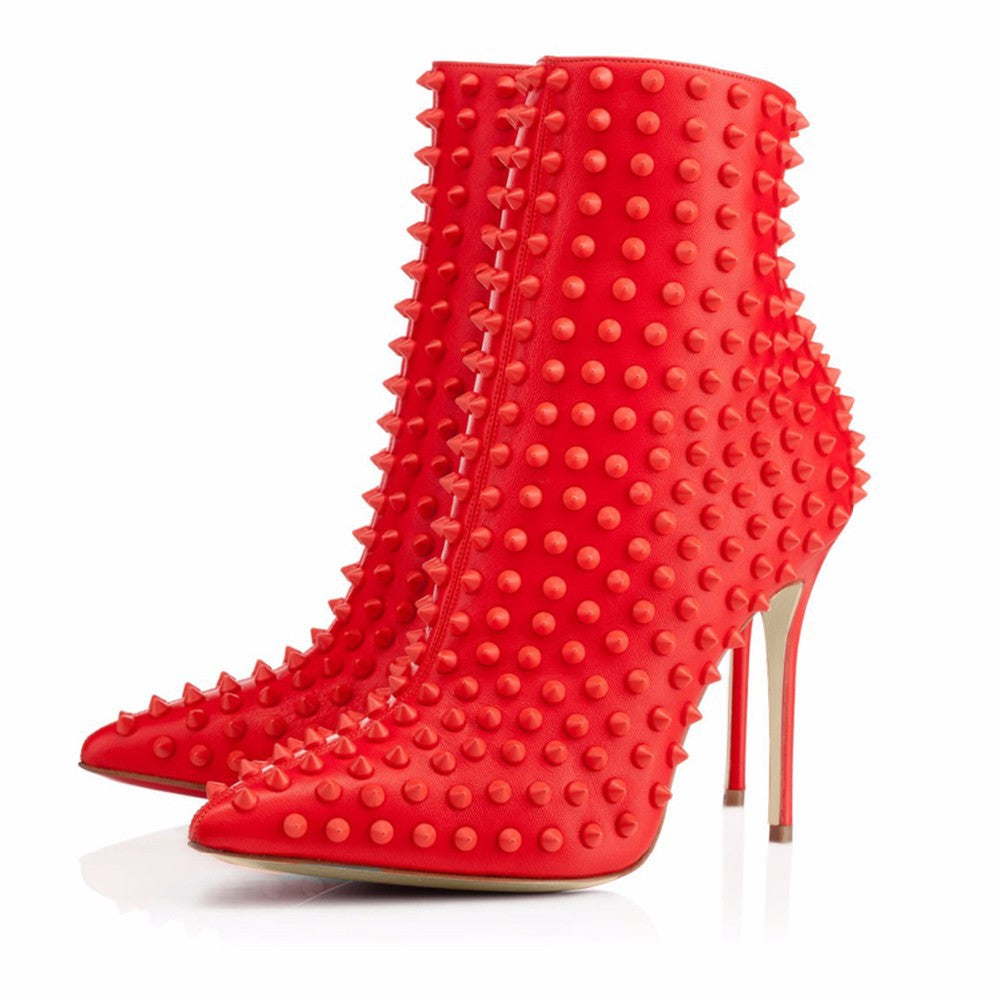 Red Spiked Leather Ankle Boots