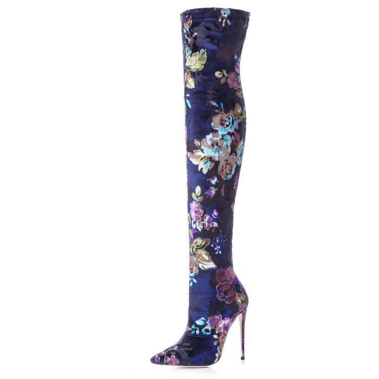 Floral Blue Thigh High Stiletto Heel Boots