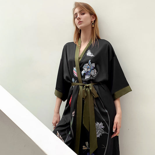 Black Khaki Women's Light Luxury Silky Satin Kimono Robe