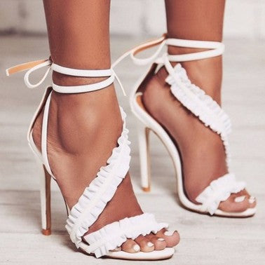 White Open Toe Ankle Front Ruffle Strap Sandals