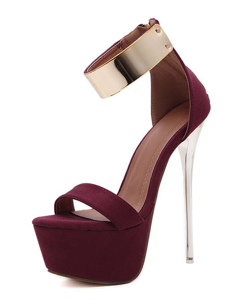 Burgundy Stiletto Heels With Gold Ankle Straps