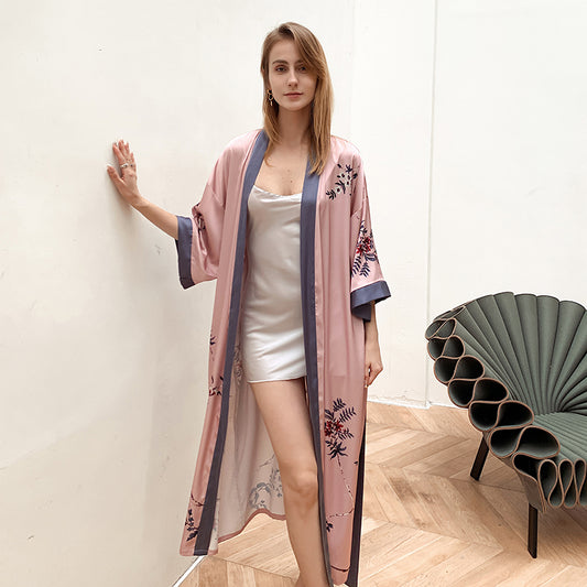 Pink Women's Light Luxury Silky Satin Kimono Robe