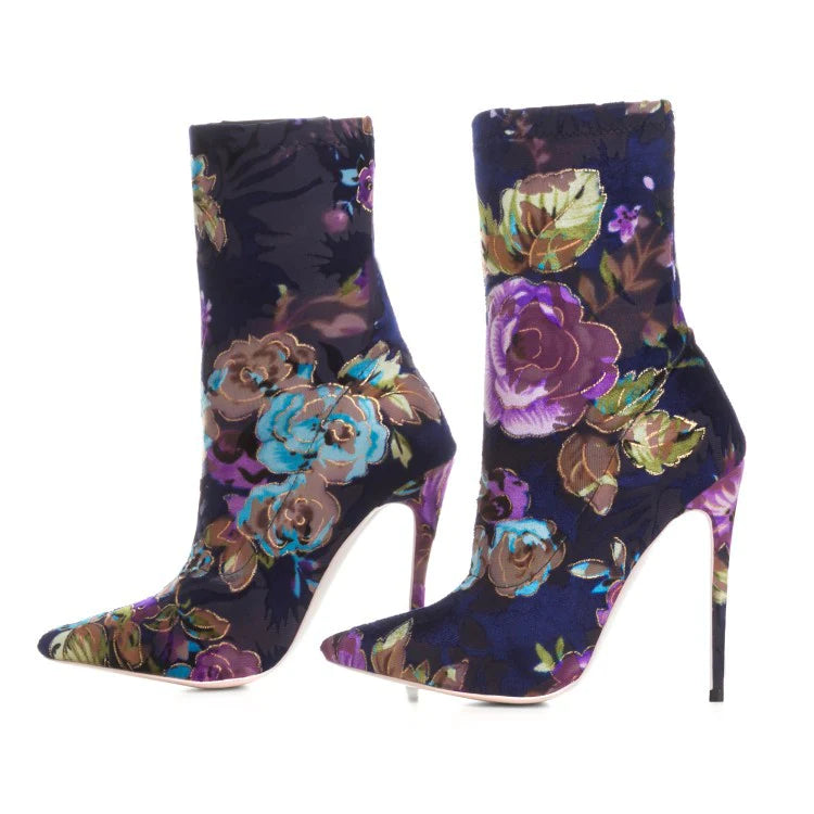 Floral Blue Ankle Stiletto Heel Boots