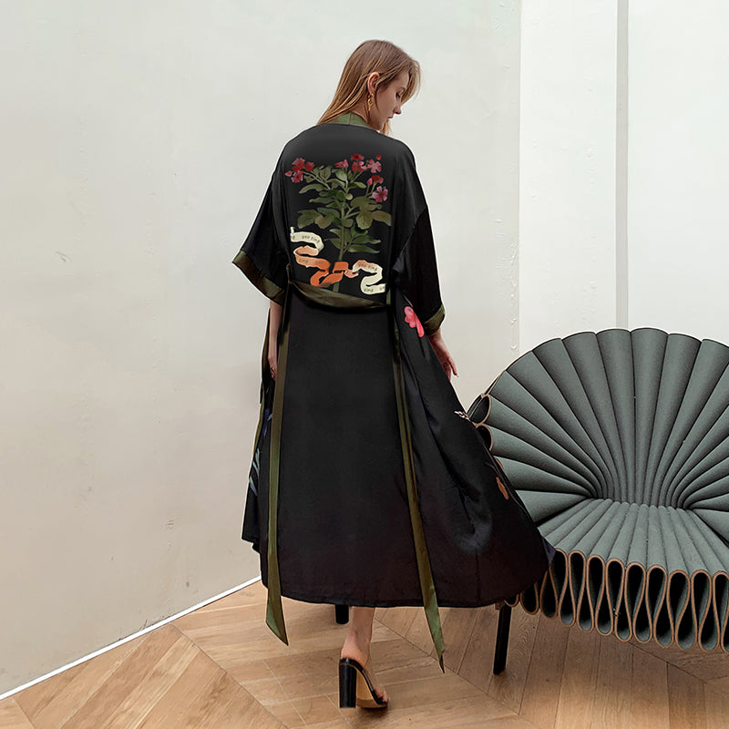 Black Khaki Women's Light Luxury Silky Satin Kimono Robe