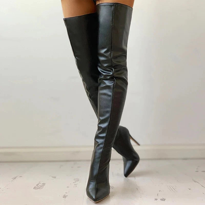 Black Leather Over The Knee Boots