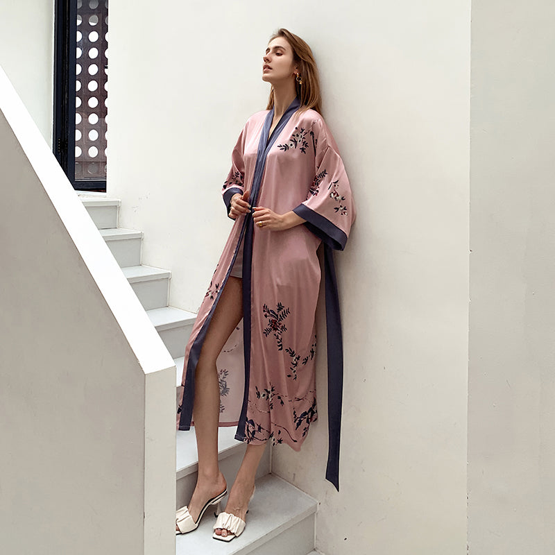 Pink Women's Light Luxury Silky Satin Kimono Robe