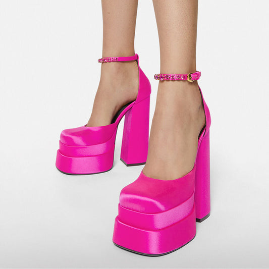Pink Satin Double Platform Ankle Strap Sandals