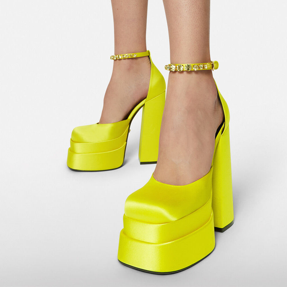 Yellow Satin Double Platform Ankle Strap Sandals