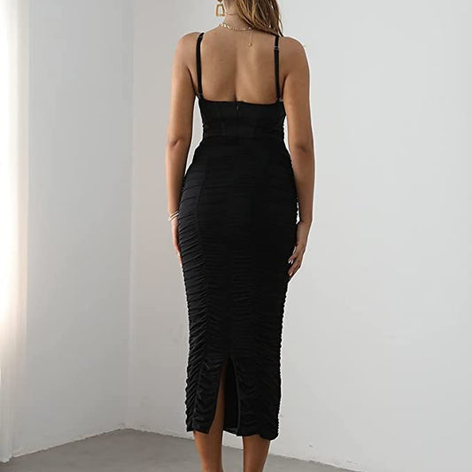 Black Rushed Corset MIdi Dress