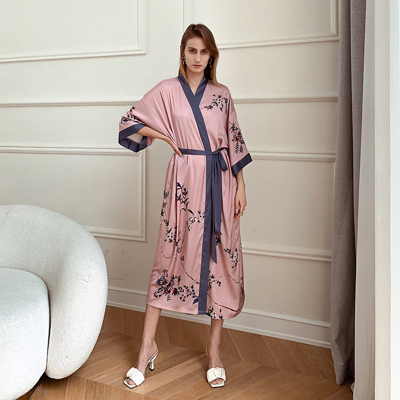 Pink Women's Light Luxury Silky Satin Kimono Robe