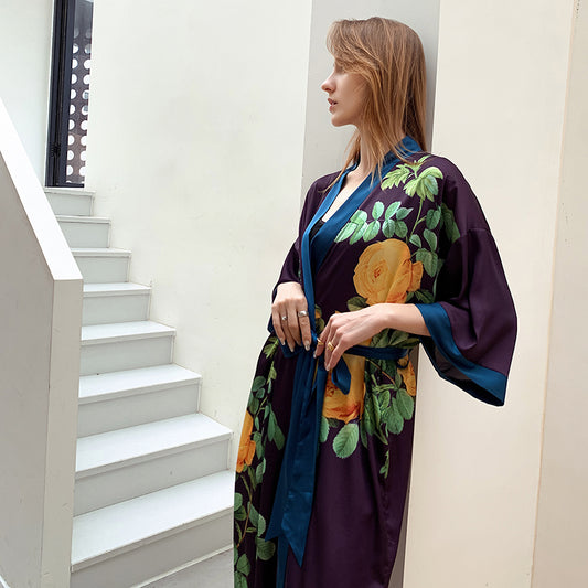 Purple Women's Light Luxury Silky Satin Kimono Robe