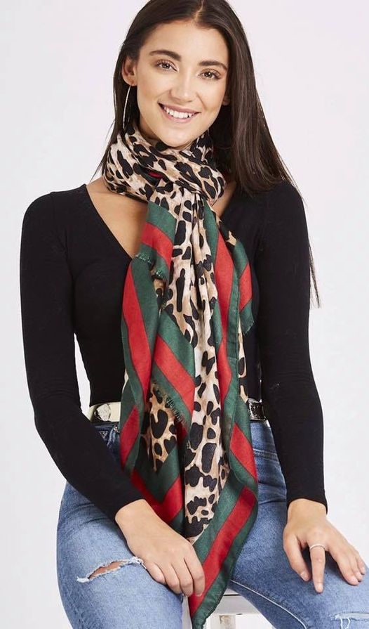 Leopard Print Scarf With  A Red And Green Trim