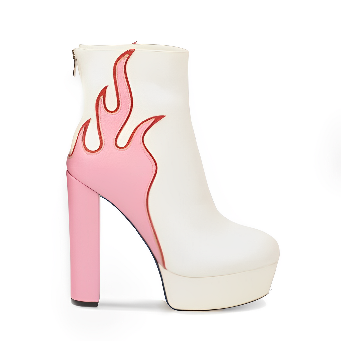 Pink Flames White Platform Retro Style Ankle Boots
