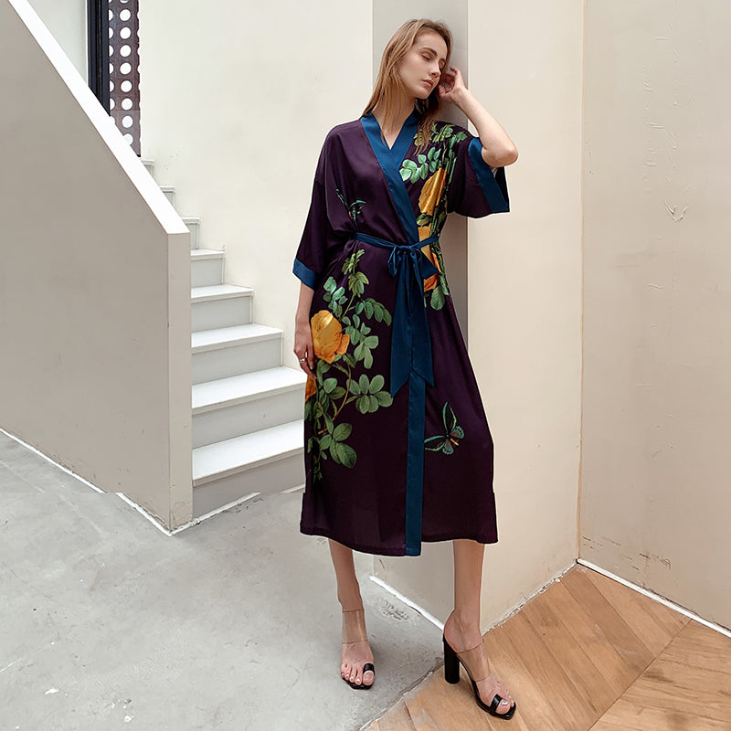 Purple Women's Light Luxury Silky Satin Kimono Robe