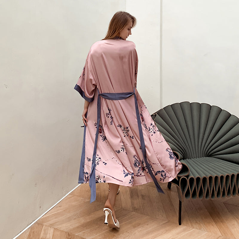 Pink Women's Light Luxury Silky Satin Kimono Robe