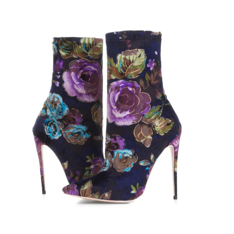 Floral Blue Ankle Stiletto Heel Boots