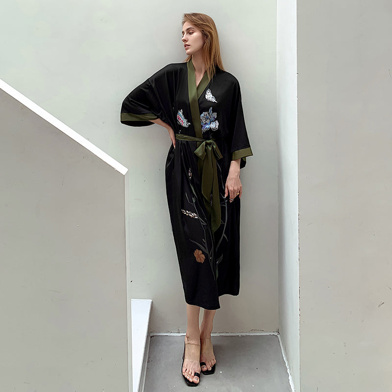 Black Khaki Women's Light Luxury Silky Satin Kimono Robe