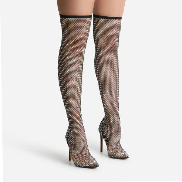 chevelle stretch mesh rhinestone thigh high dress boots Rhinestone Fishnet Thigh High Boots – ADONIS BOUTIQUE