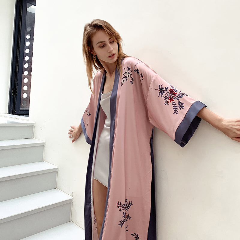 Pink Women's Light Luxury Silky Satin Kimono Robe