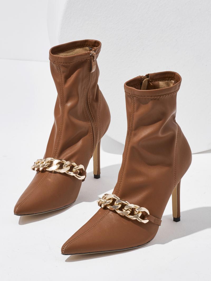 Gold Chain Detail Pointed-Toe Ankle Brown Boots