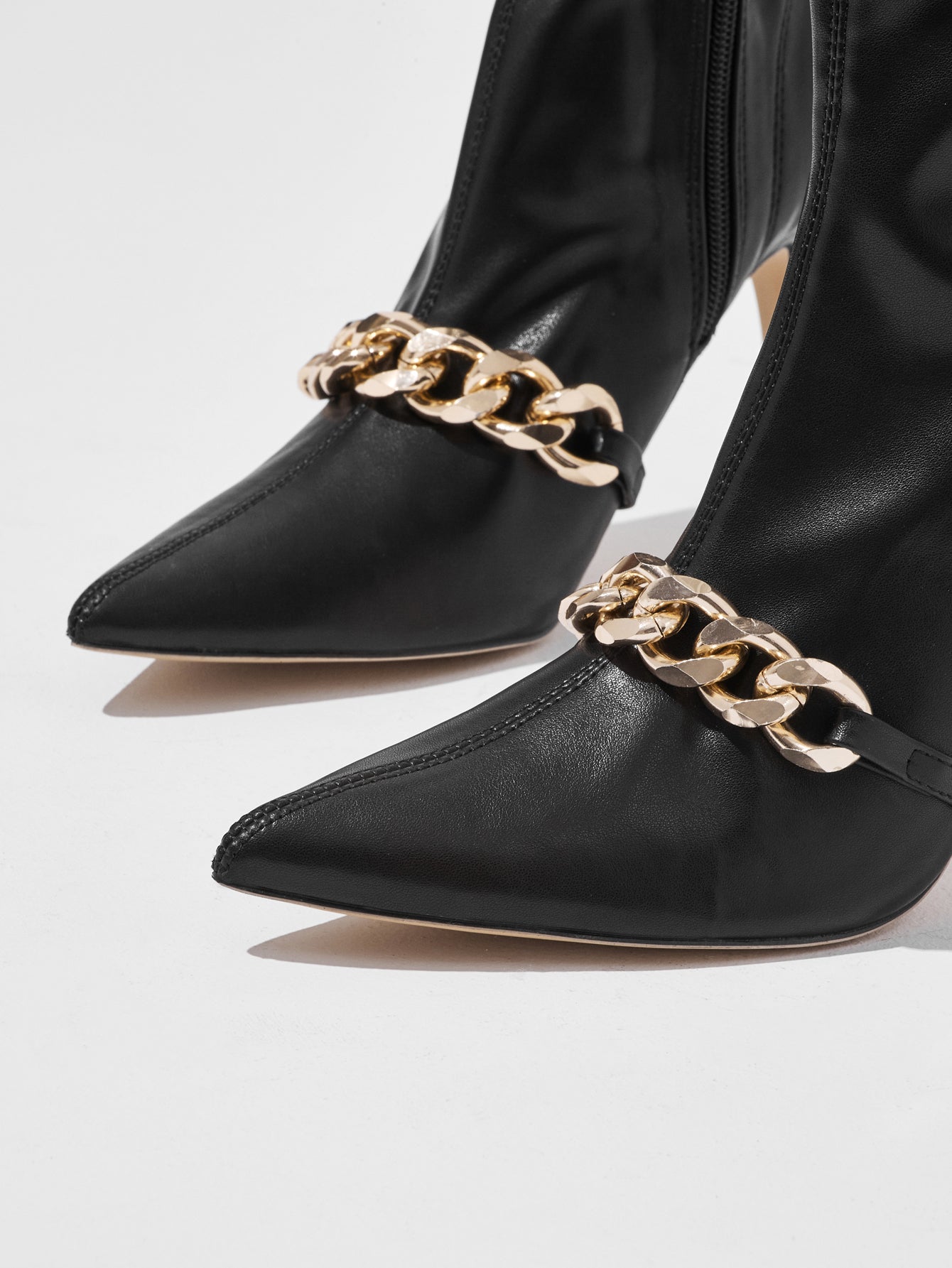 Gold Chain Detail Pointed-Toe Ankle Boots