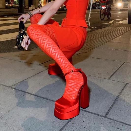 Red Satin Double Platform Ankle Strap Sandals