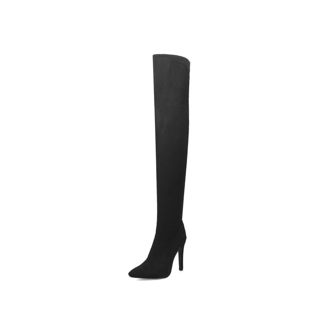Black Stretch Suede Thigh High Boots
