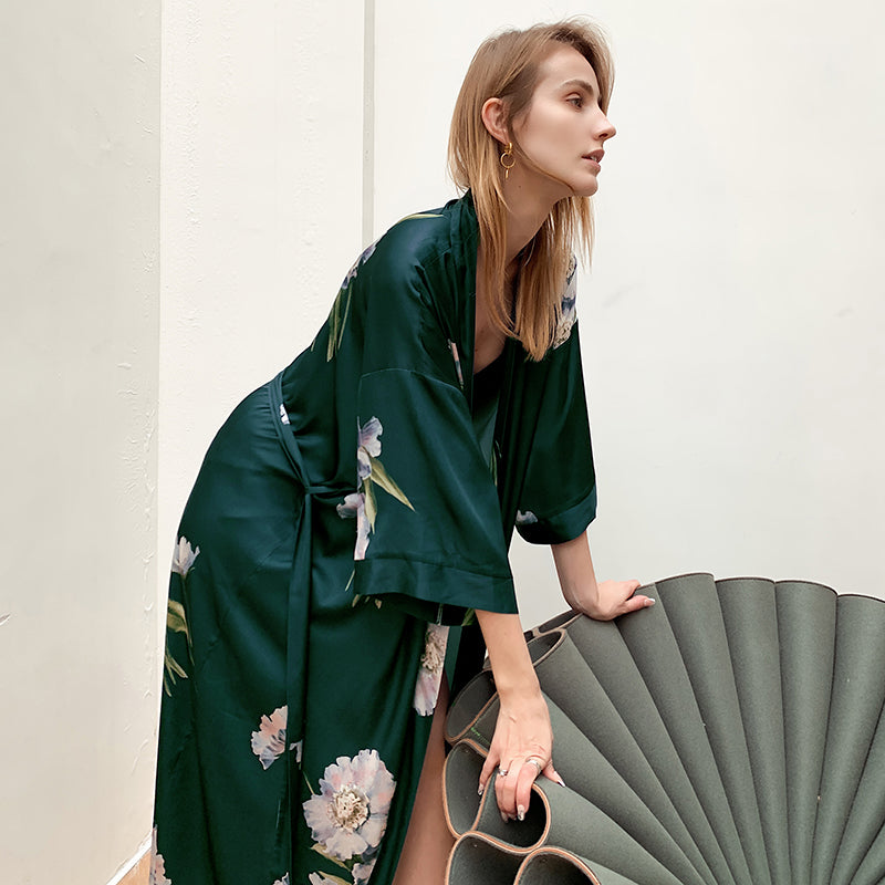 Green Women's Light Luxury Silky Satin Kimono Robe