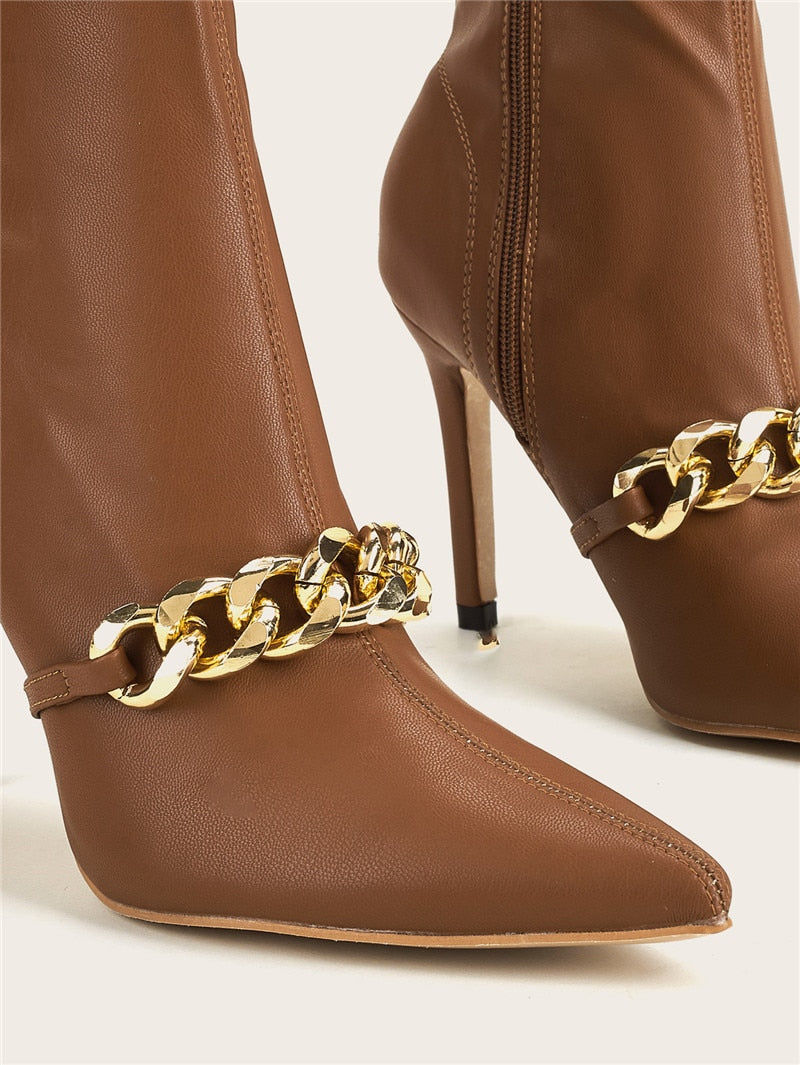 Gold Chain Detail Pointed-Toe Ankle Brown Boots