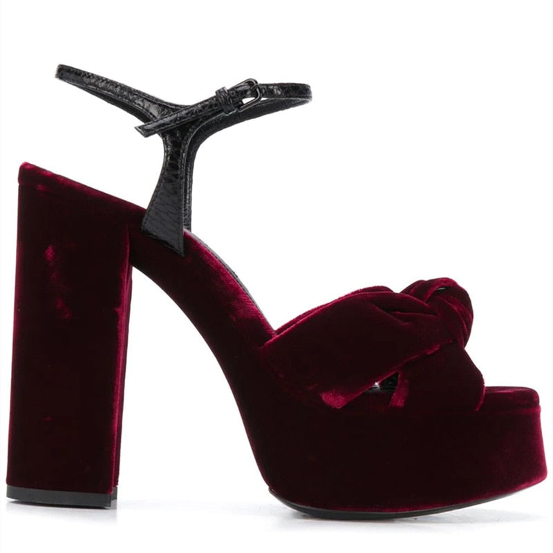 Burgundy Strappy Sandals Lace-up Velvet Classy Block Heels For  Women|FSJshoes